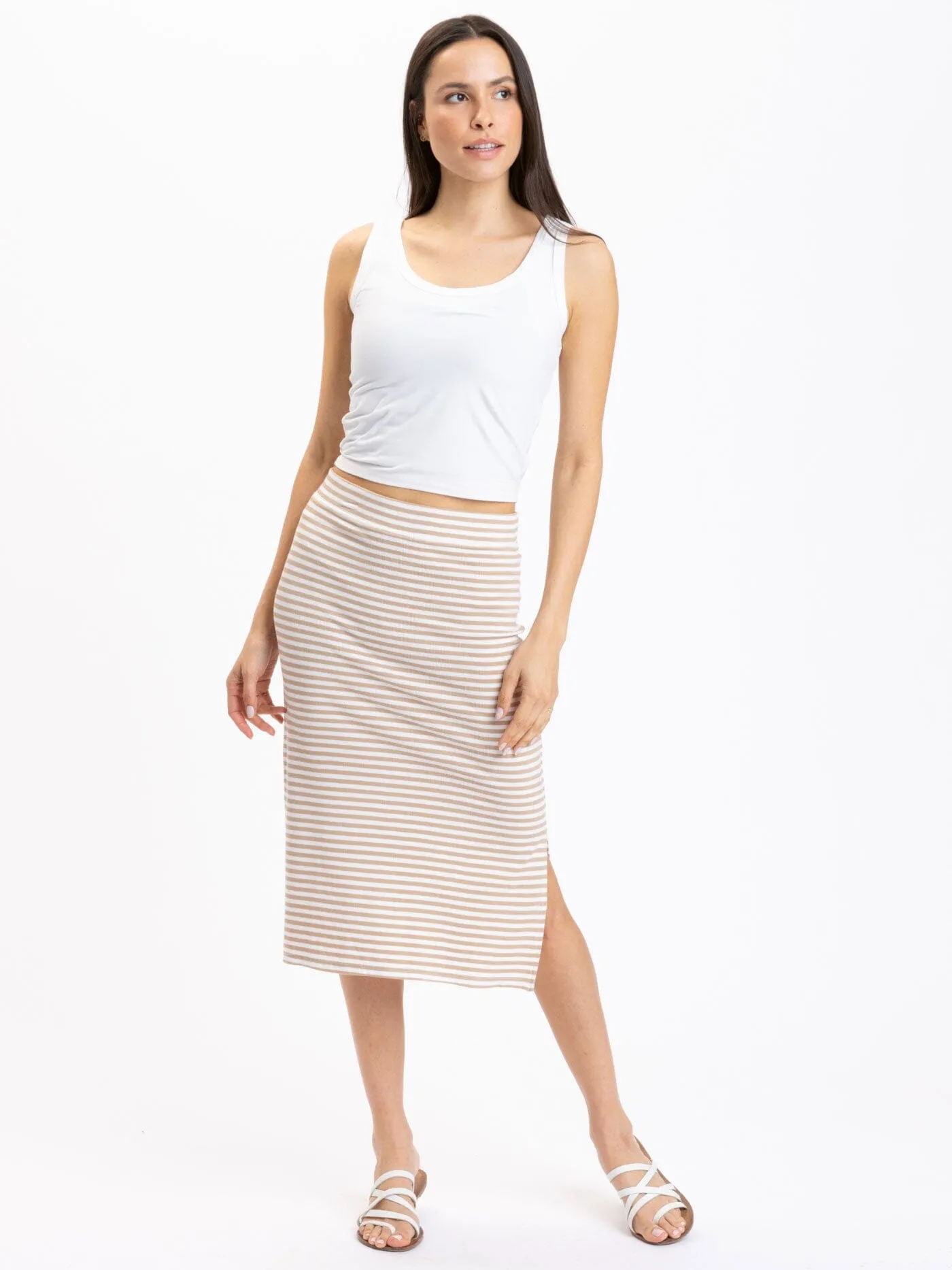 Adella Stripe Feather Rib Side-Slit Midi Skirt