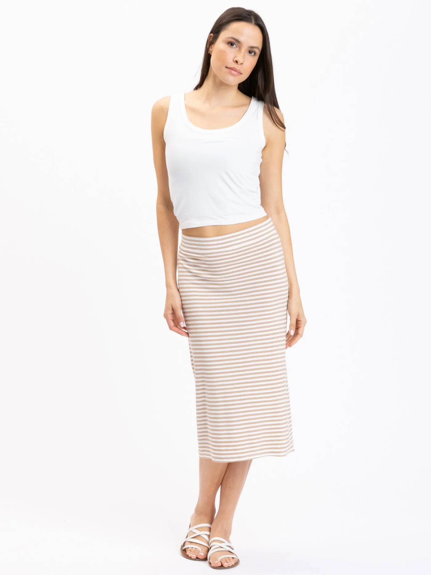 Adella Stripe Feather Rib Side-Slit Midi Skirt