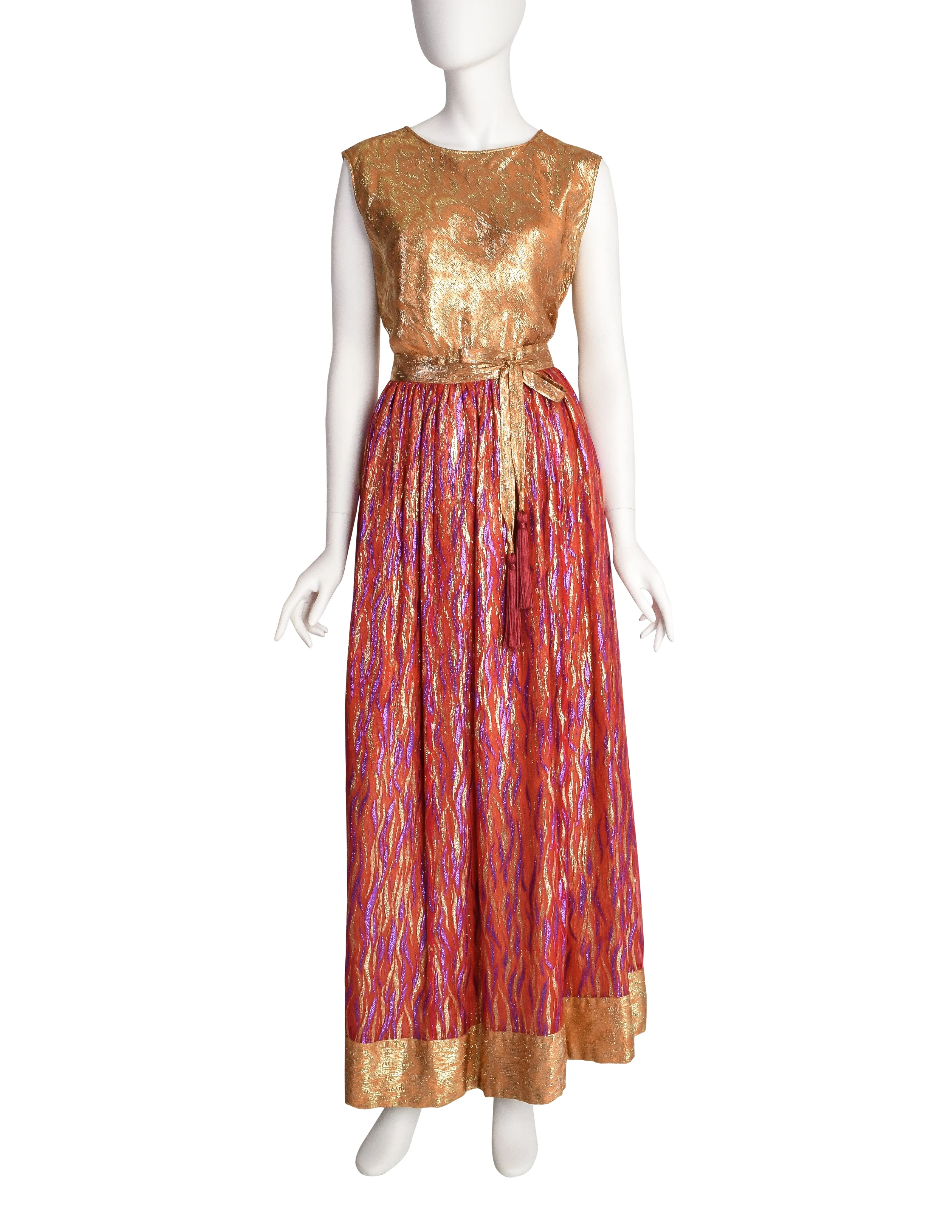 Adolfo Vintage Gold and Red Metallic Silk Top and Skirt Ensemble Set