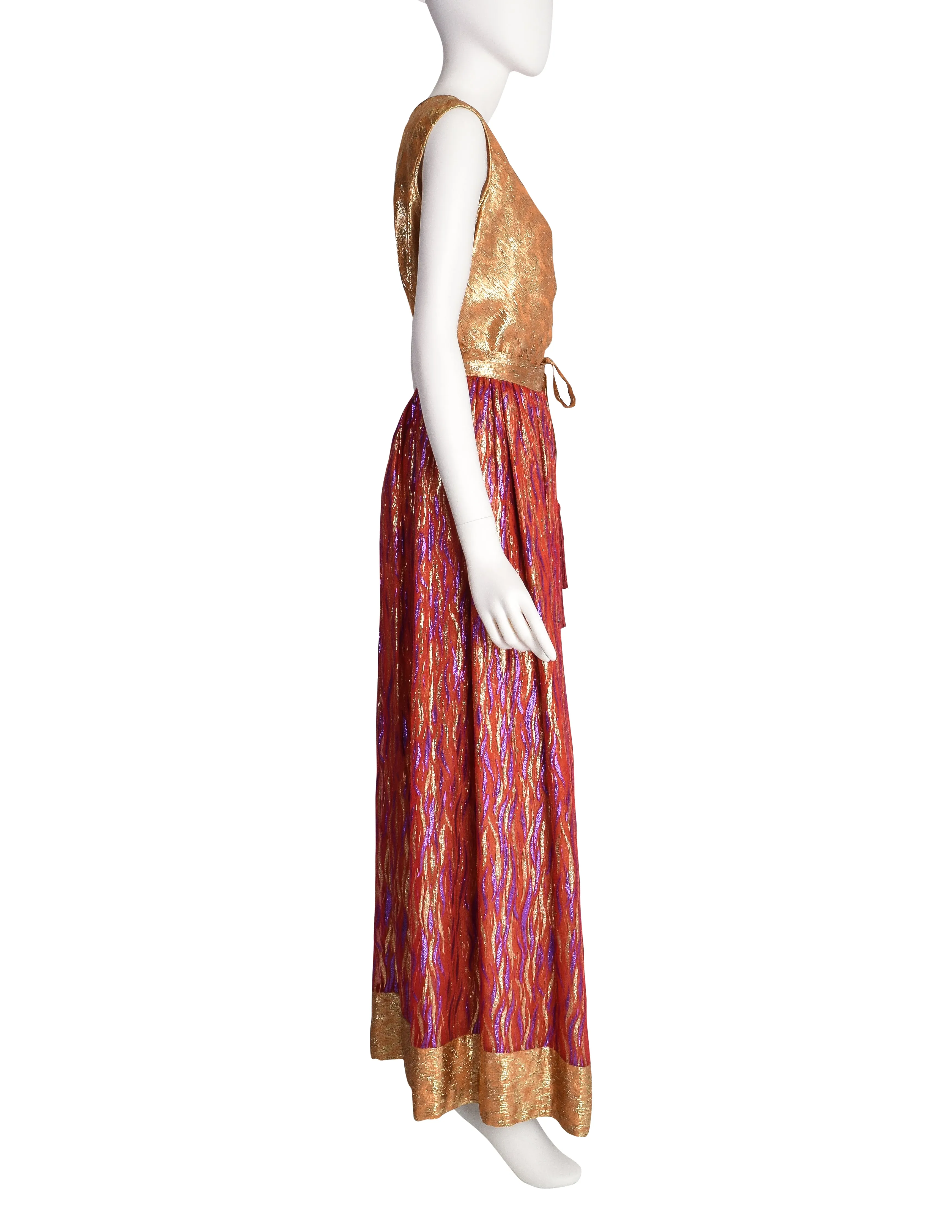 Adolfo Vintage Gold and Red Metallic Silk Top and Skirt Ensemble Set