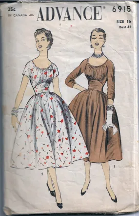 Advance 6915 Rockabilly Dress Empire Waist Vintage Sewing Pattern 1950s RARE