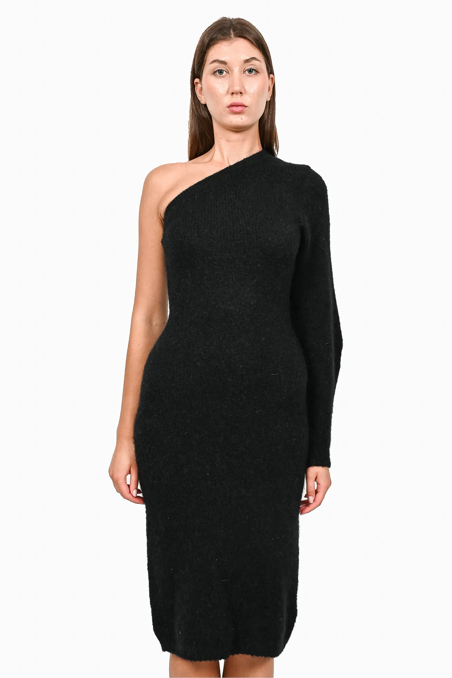 Aje Black Alpaca/Wool One Shoulder Midi Dress Size XS