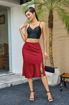 ALCEA ROSEA Women Satin Side Split Skirt High Waist Elastic Elegant A Line Midi Skirts for Women Wine AR7301