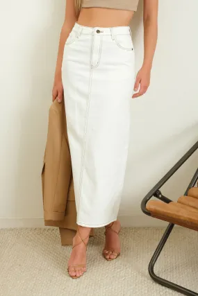 BACK SLIT WHITE DENIM MIDI SKIRT