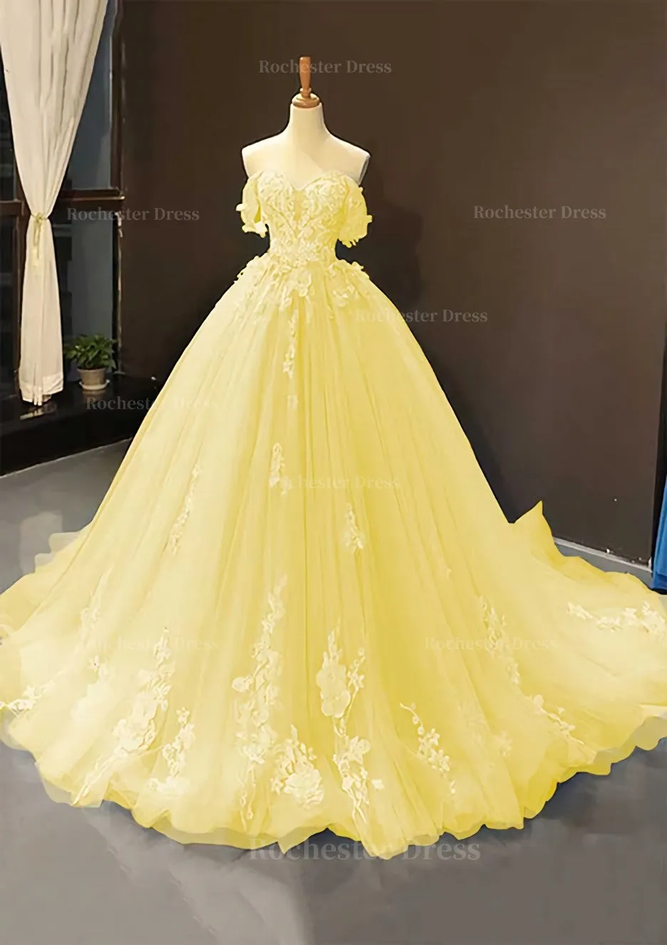 Ball Gown Off-the-Shoulder Sweep Train Tulle Prom Dress With Appliqued