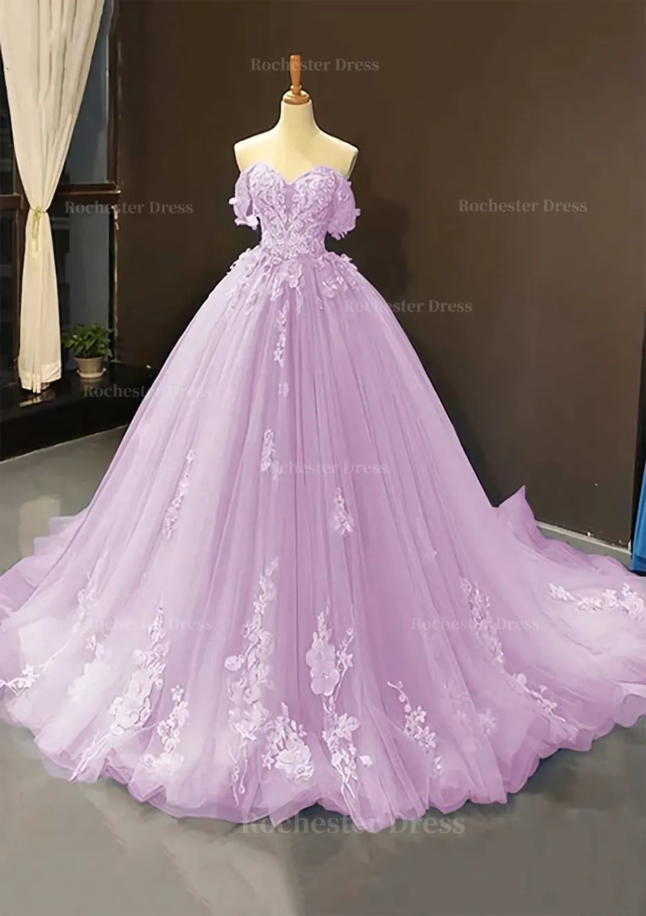 Ball Gown Off-the-Shoulder Sweep Train Tulle Prom Dress With Appliqued