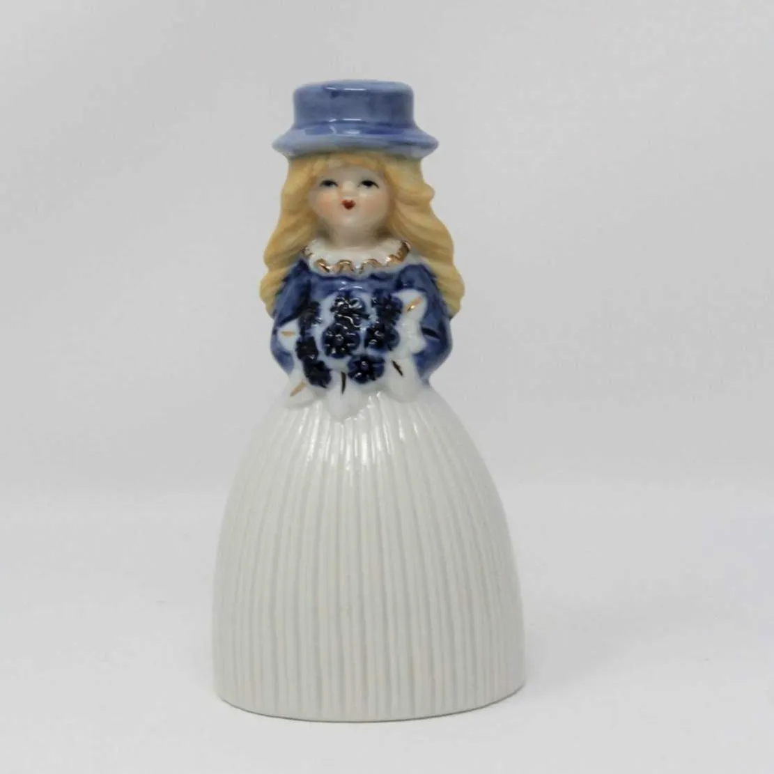 Bell, Figural Girl with Hat, Blue & White, Porcelain, Vintage