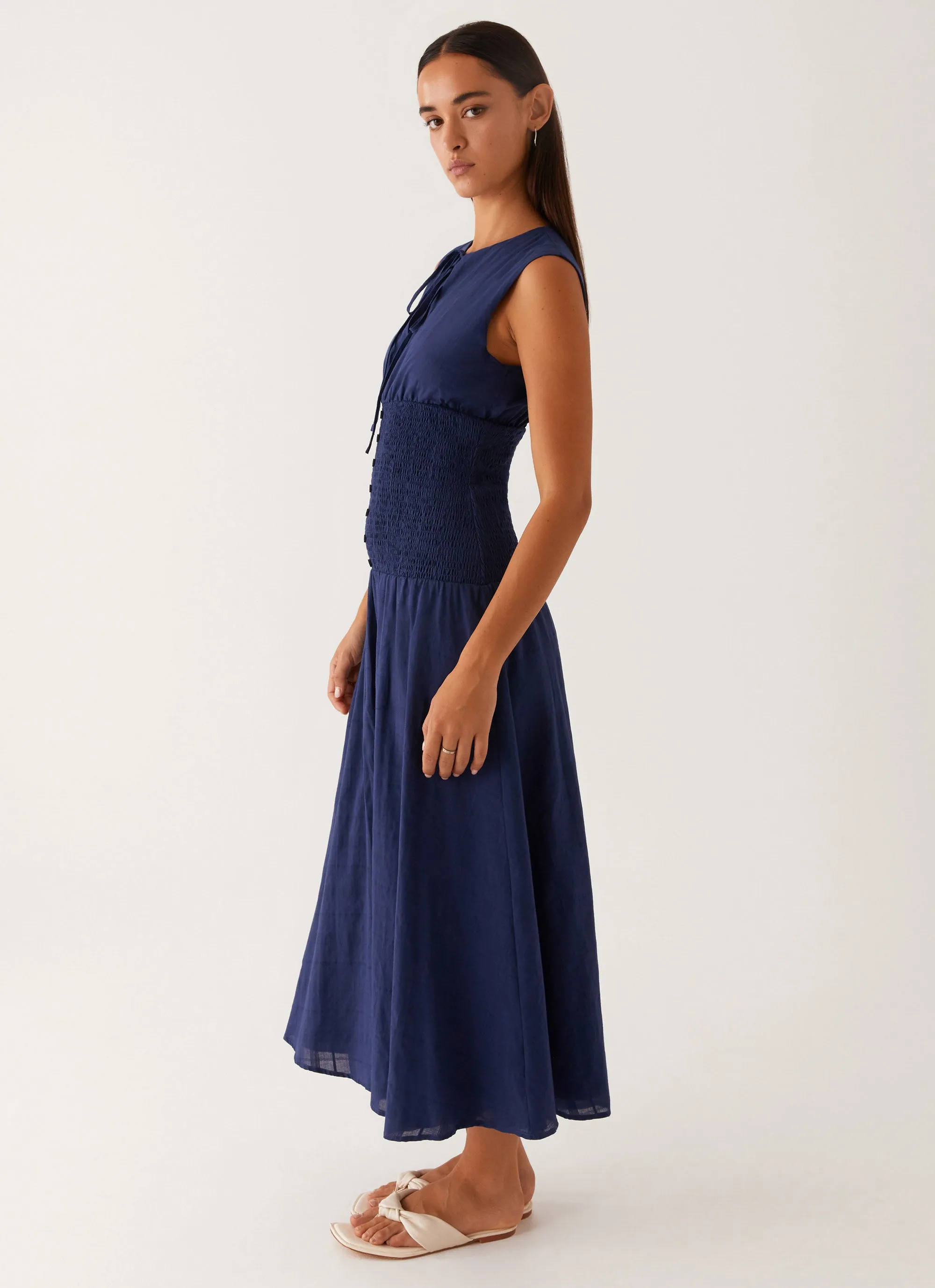 Belle Shirred Waist Midi Dress - Navy