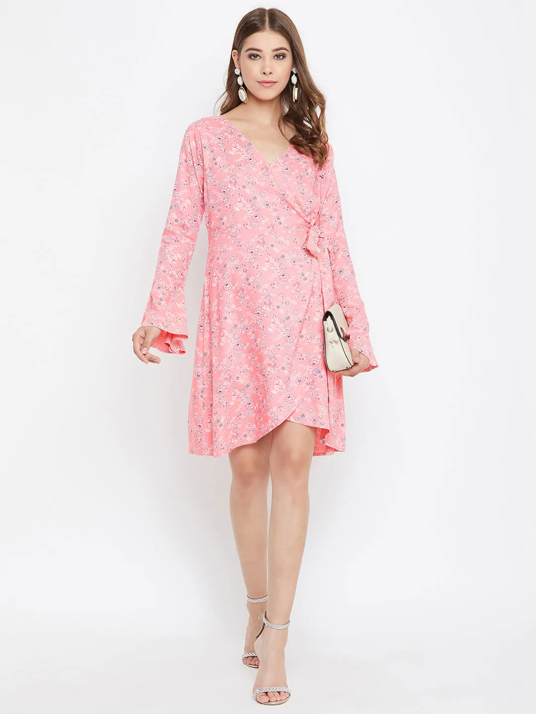 Berrylush Women Pink Floral Printed V-Neck Tulip Hem Wrap Fit & Flare Mini Dress