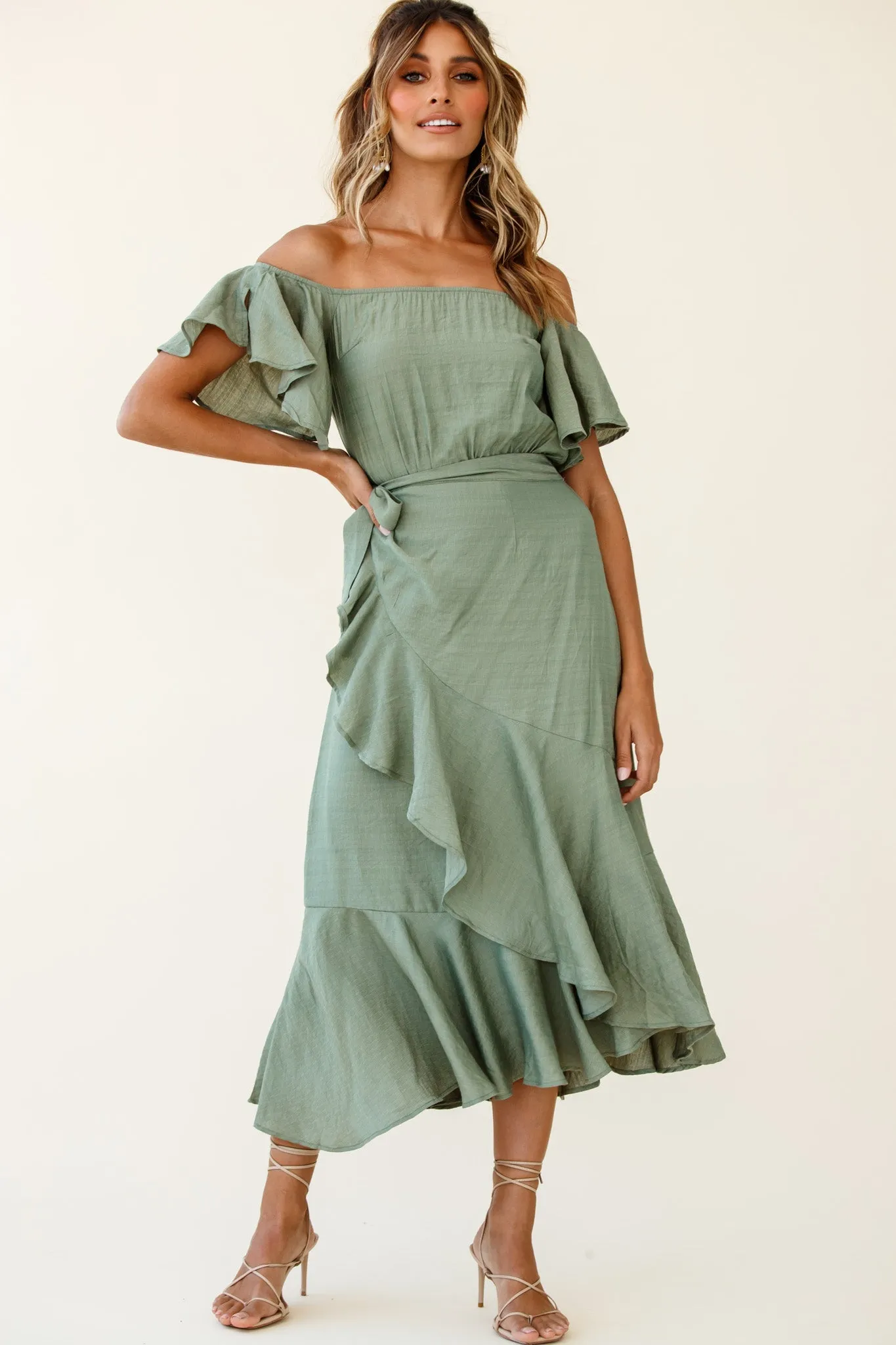 Bettina Bardot Neckline Faux-Wrap Midi Dress Olive