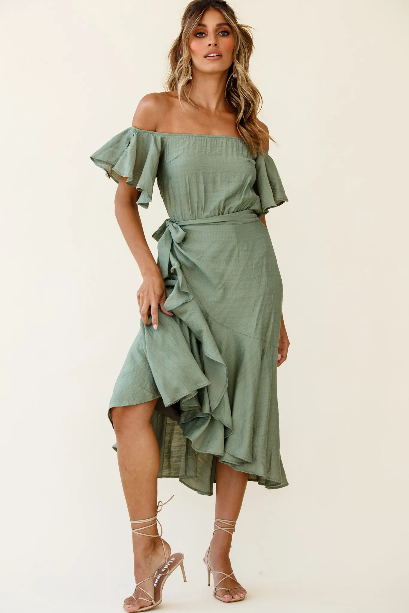 Bettina Bardot Neckline Faux-Wrap Midi Dress Olive