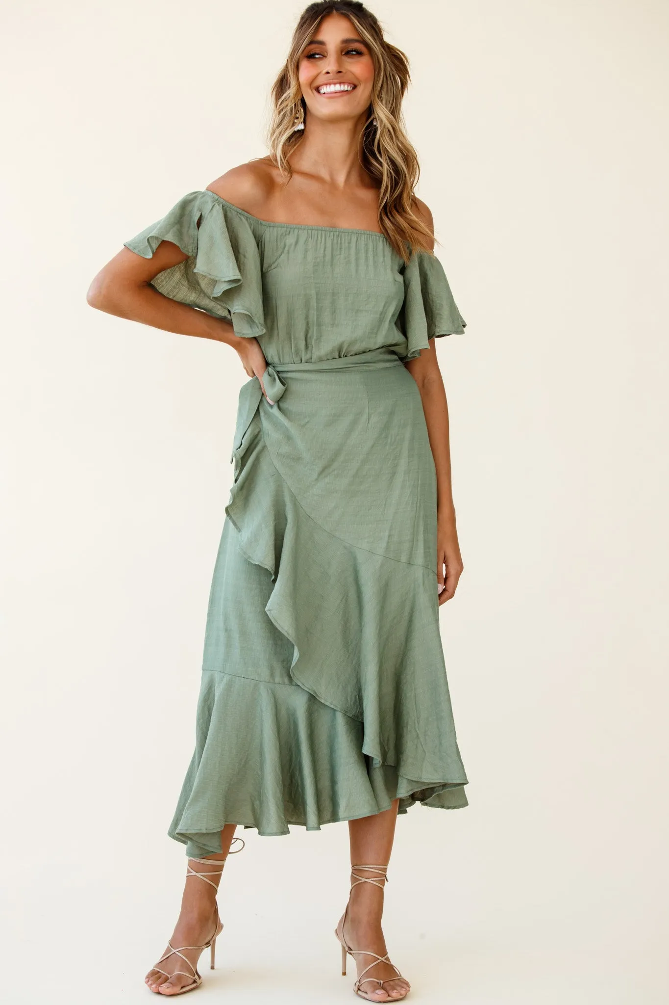 Bettina Bardot Neckline Faux-Wrap Midi Dress Olive