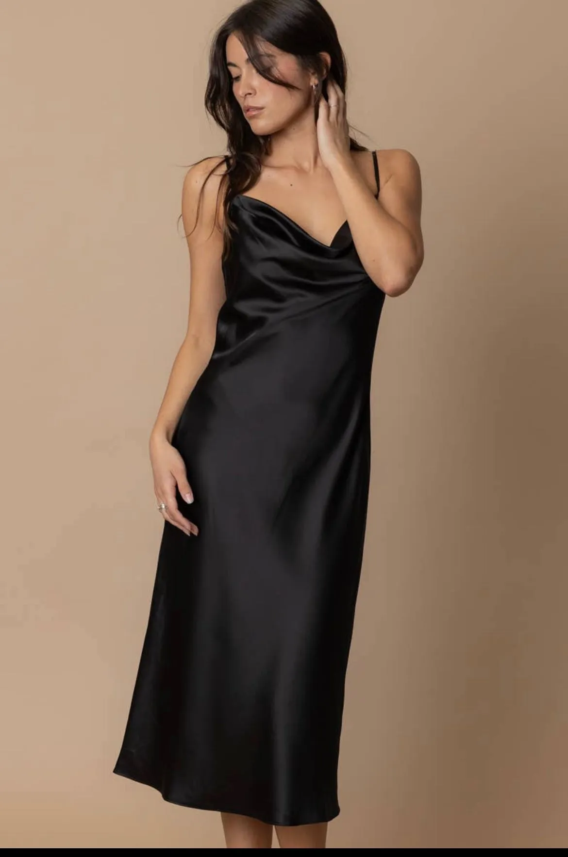 Black Cowl Neck Satin Slip Dress