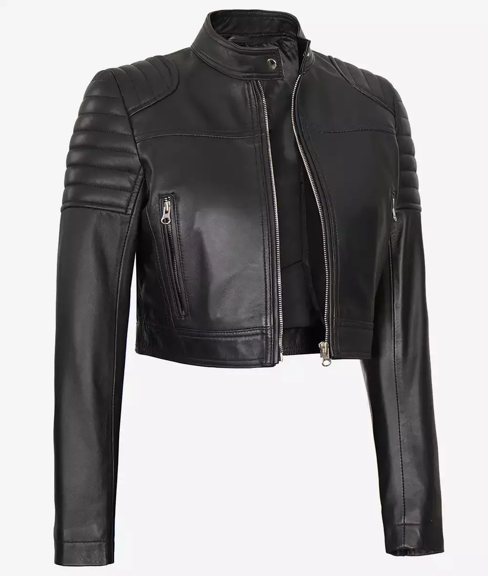 Black Cropped Leather Cafe Racer Jacket for Women