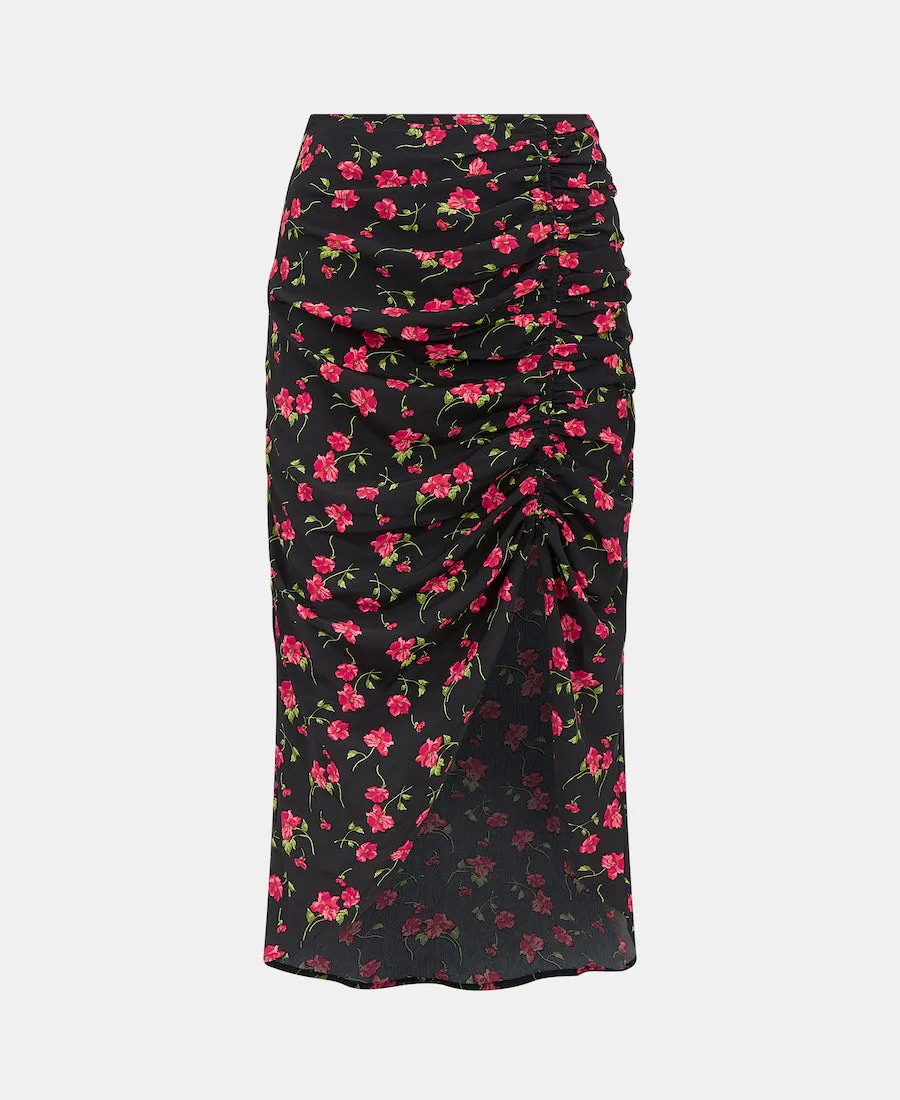 Black Floral Ruche Side Midi Skirt