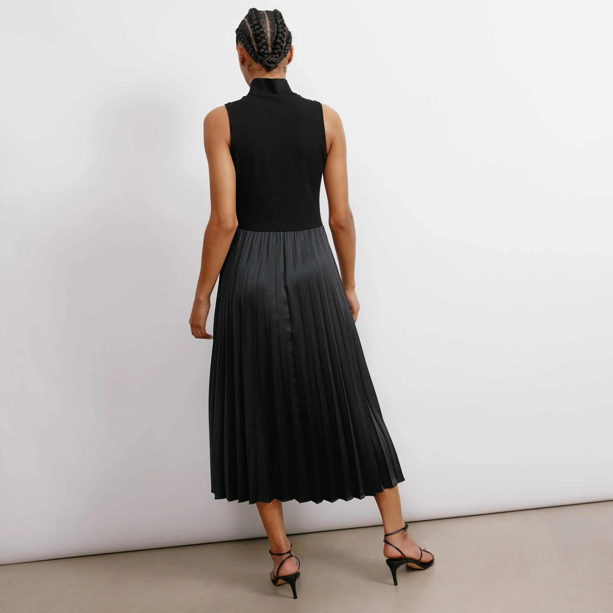 Black Jersey & Woven Pleat Midi Dress