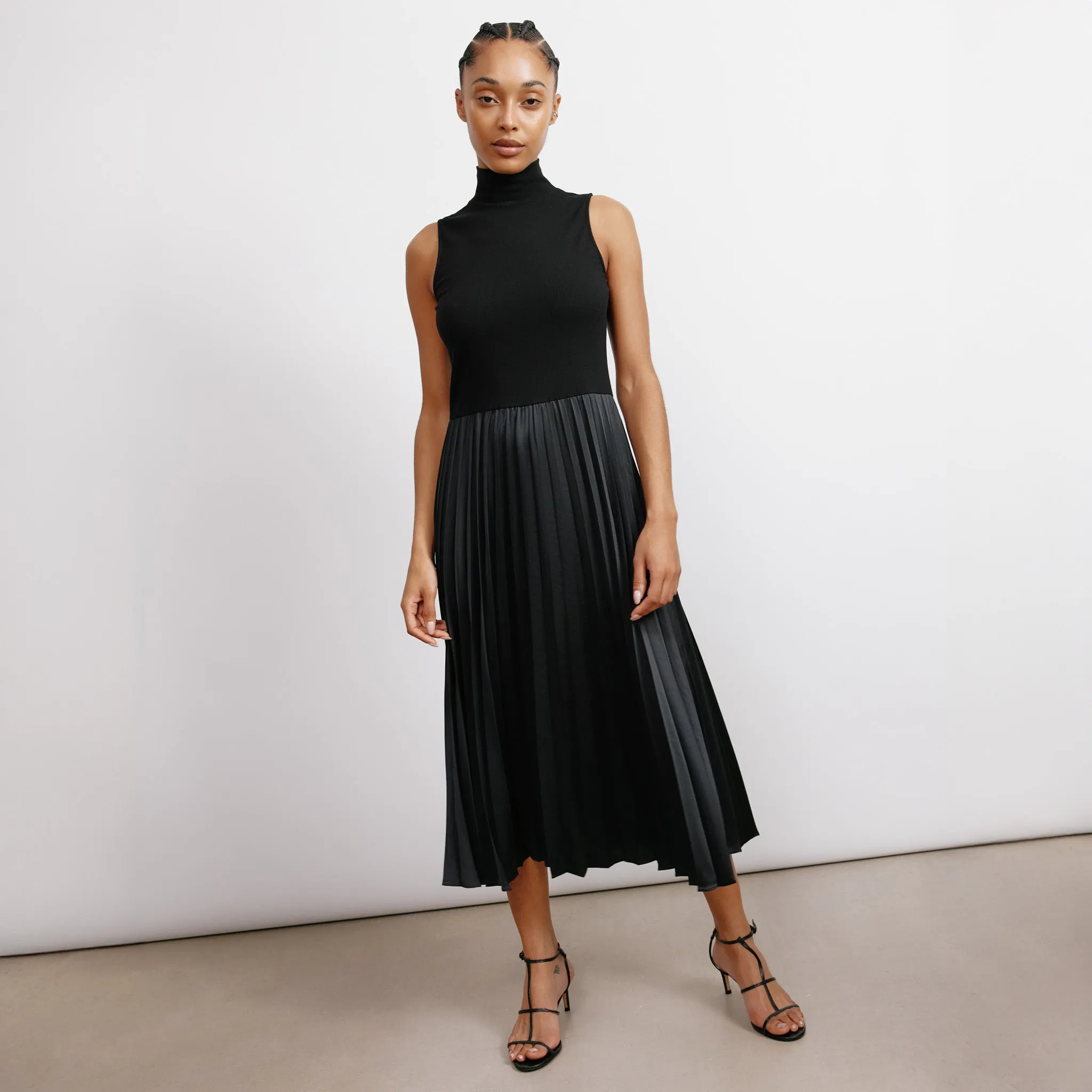 Black Jersey & Woven Pleat Midi Dress