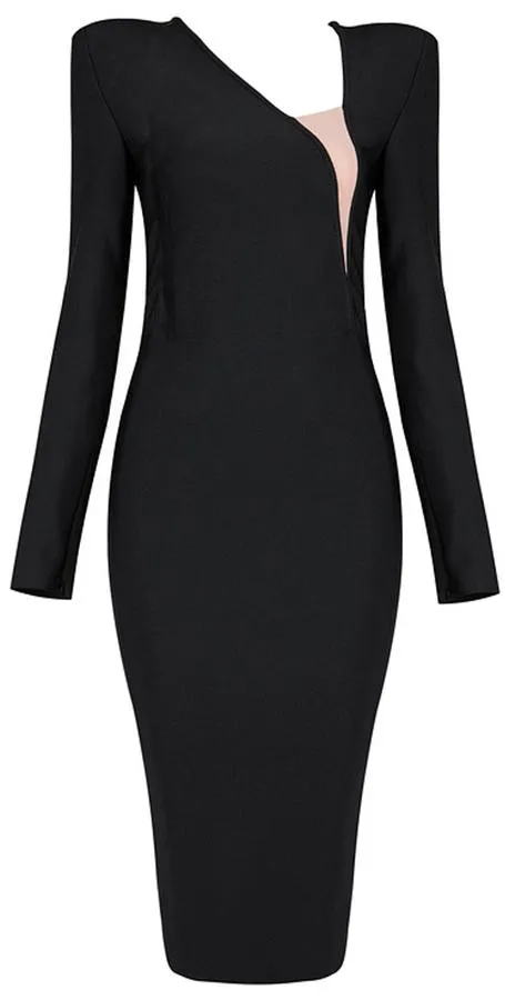 Black Long-Sleeve Asymmetric-Neckline Bodycon Knee-Length Dress