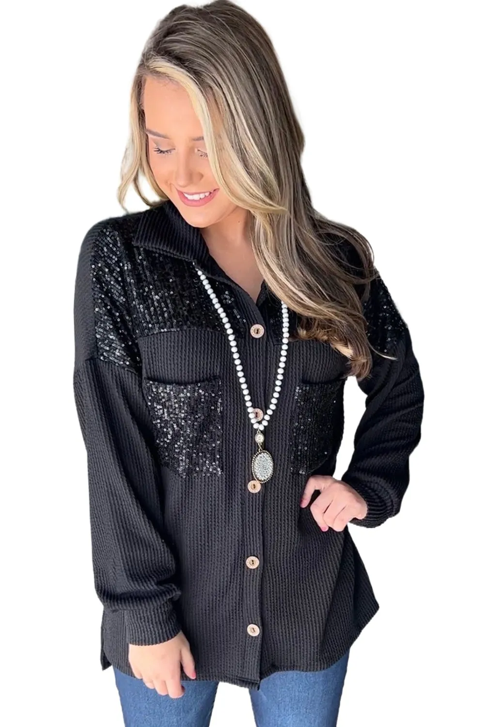 Black Sequin Patch Chest Pocket Corded Shacket