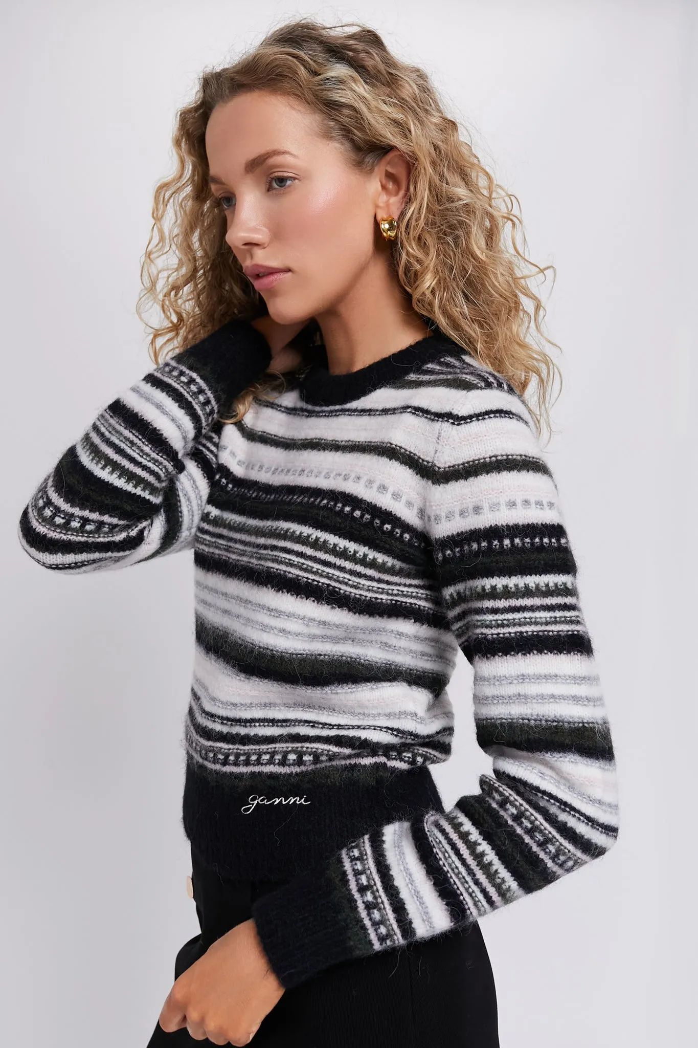 Black Soft Wool Stripe O-neck Sweater