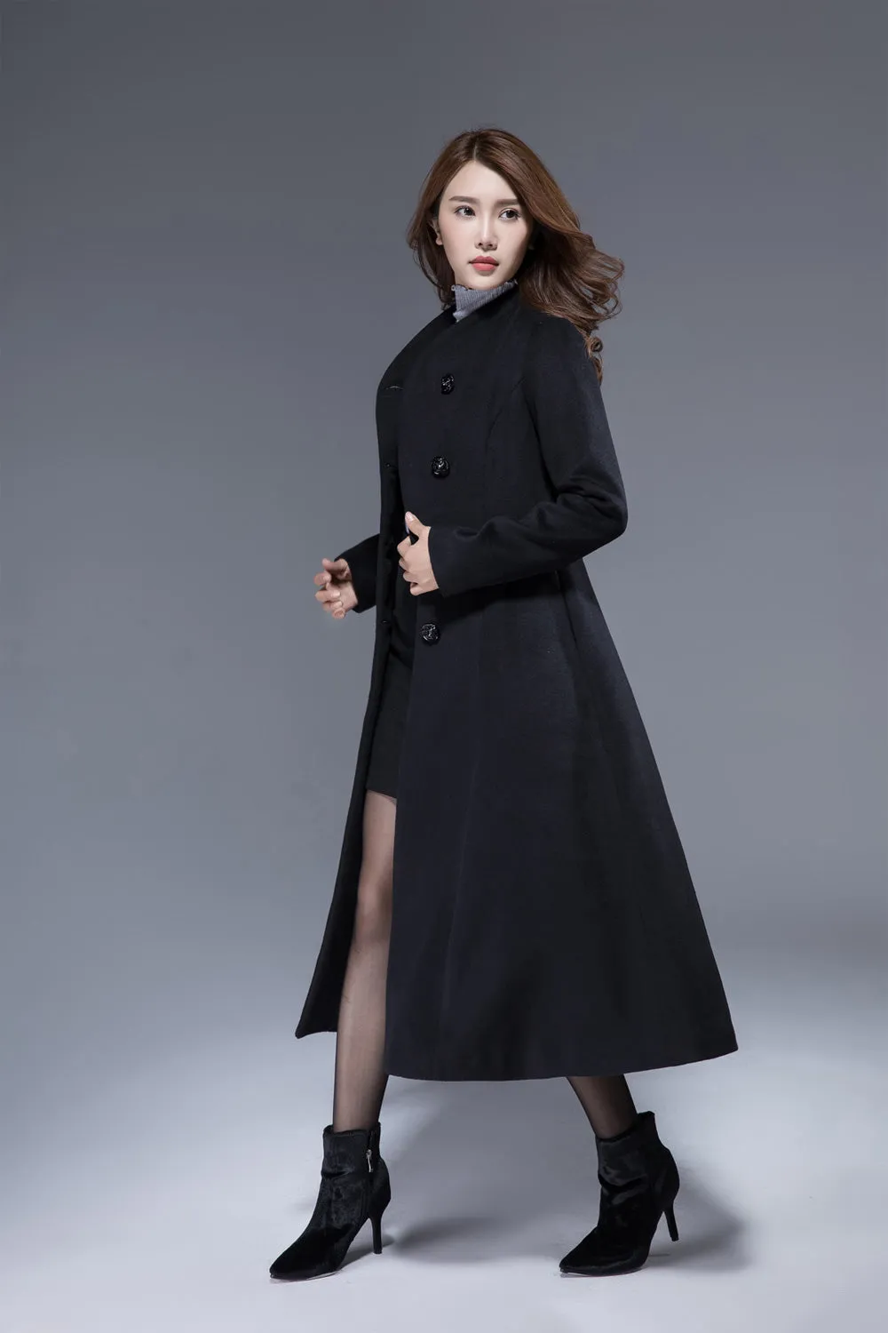 black vintage wool coat womens winter warm jacket 1824#