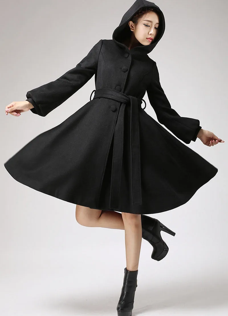 Black wool coat - women hooded coat - winter jacket cashmere coat 711#