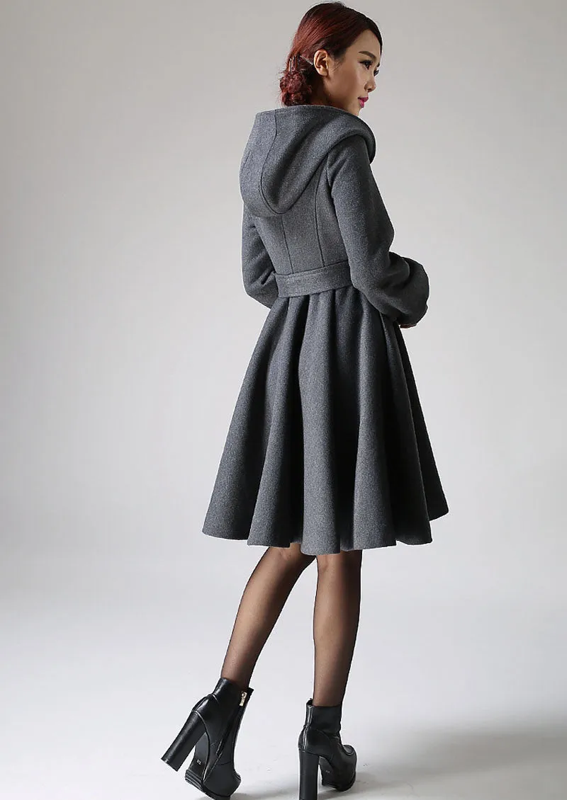 Black wool coat - women hooded coat - winter jacket cashmere coat 711#