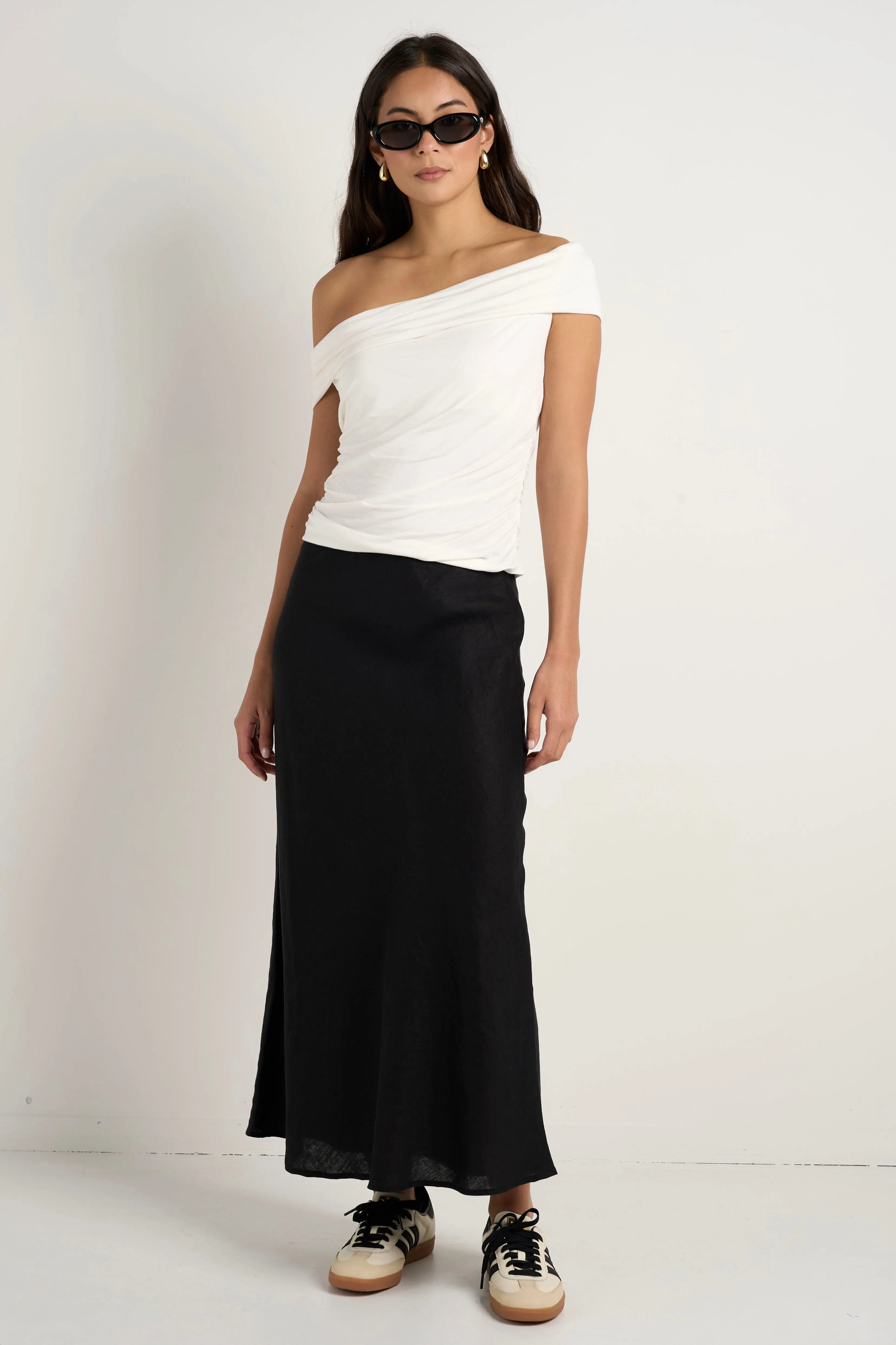 Bliss Black Linen Bias Midi Skirt