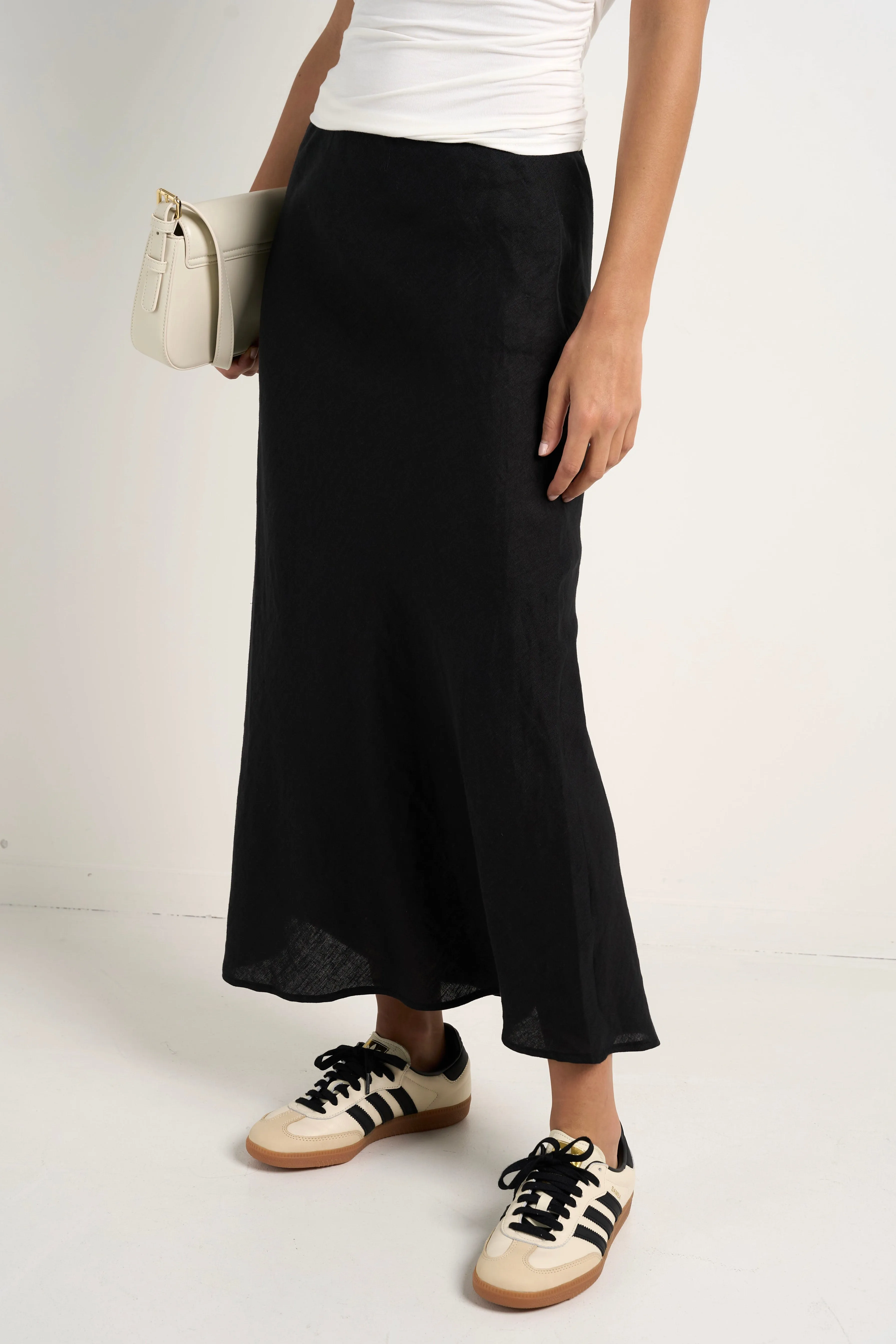 Bliss Black Linen Bias Midi Skirt