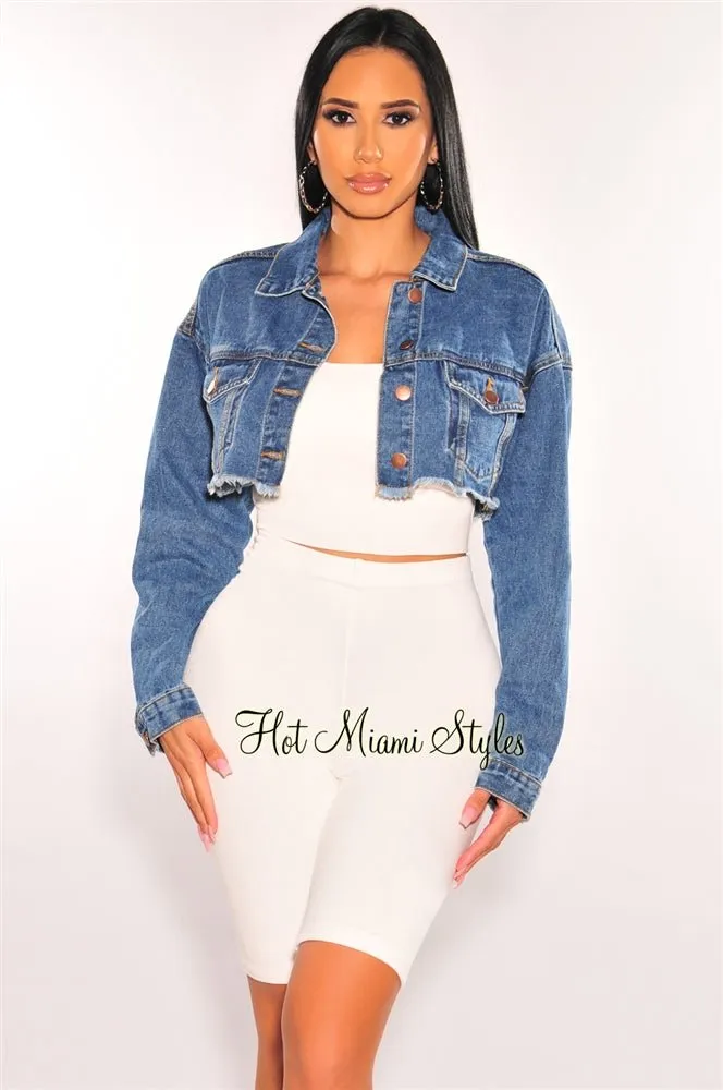 Blue Denim Long Sleeve Destroyed Back Cropped Jacket