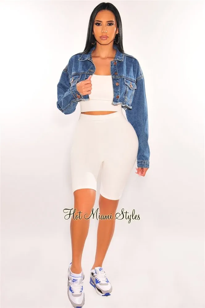 Blue Denim Long Sleeve Destroyed Back Cropped Jacket