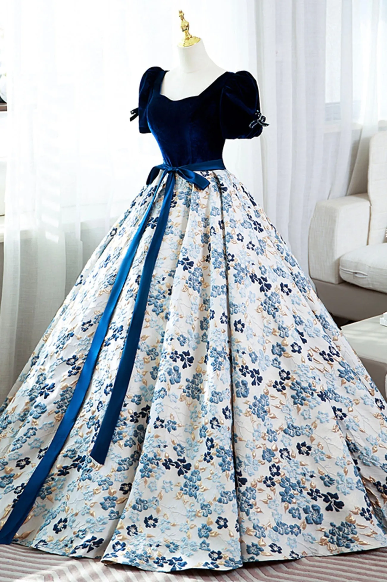 Blue Short Sleeve A-Line Floor Length Prom Dress, Blue Evening Dress