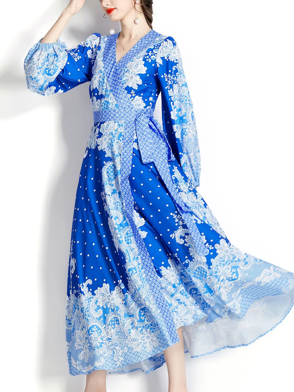 Blue V Neck Wrap Bohemian Dress Maxi Dress