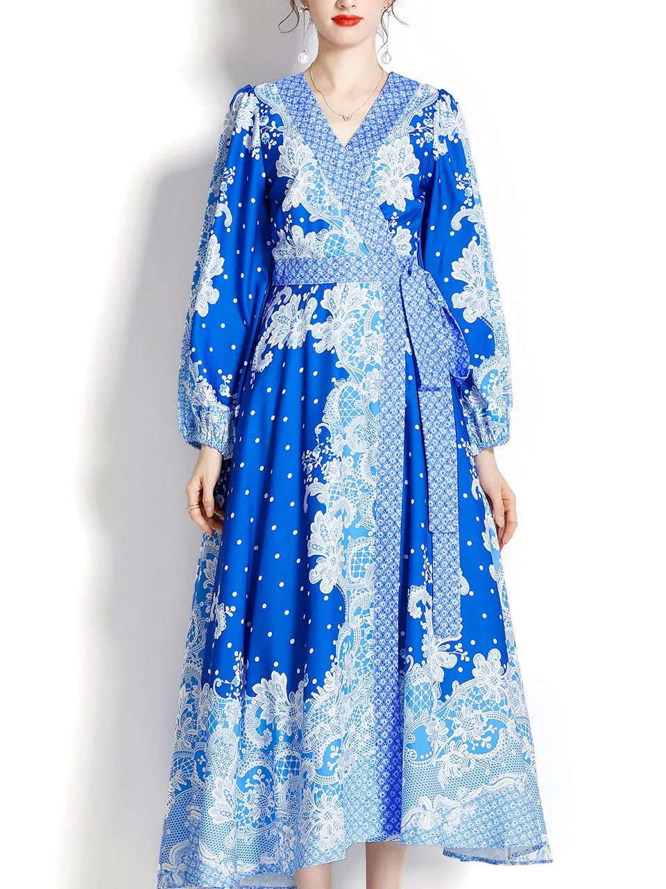 Blue V Neck Wrap Bohemian Dress Maxi Dress