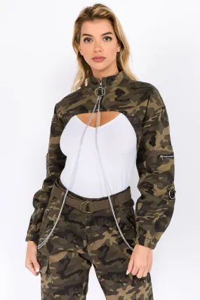 Blue Zone Planet |  American Bazi Camouflage Cropped Jacket with Chains