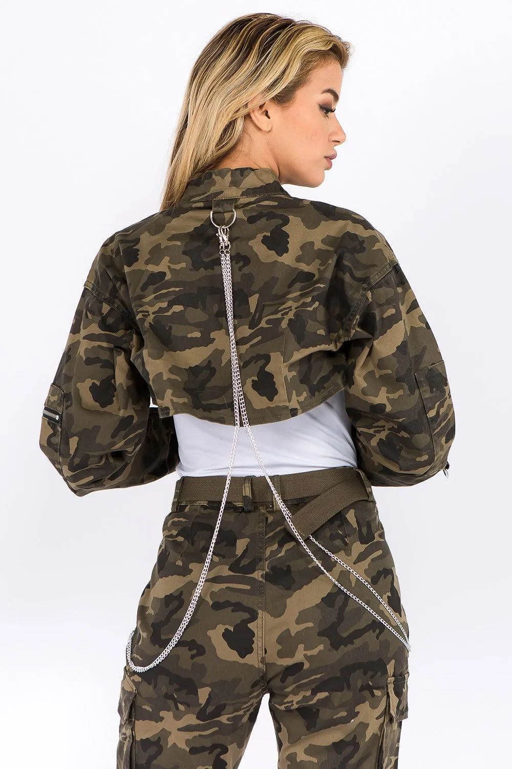 Blue Zone Planet |  American Bazi Camouflage Cropped Jacket with Chains