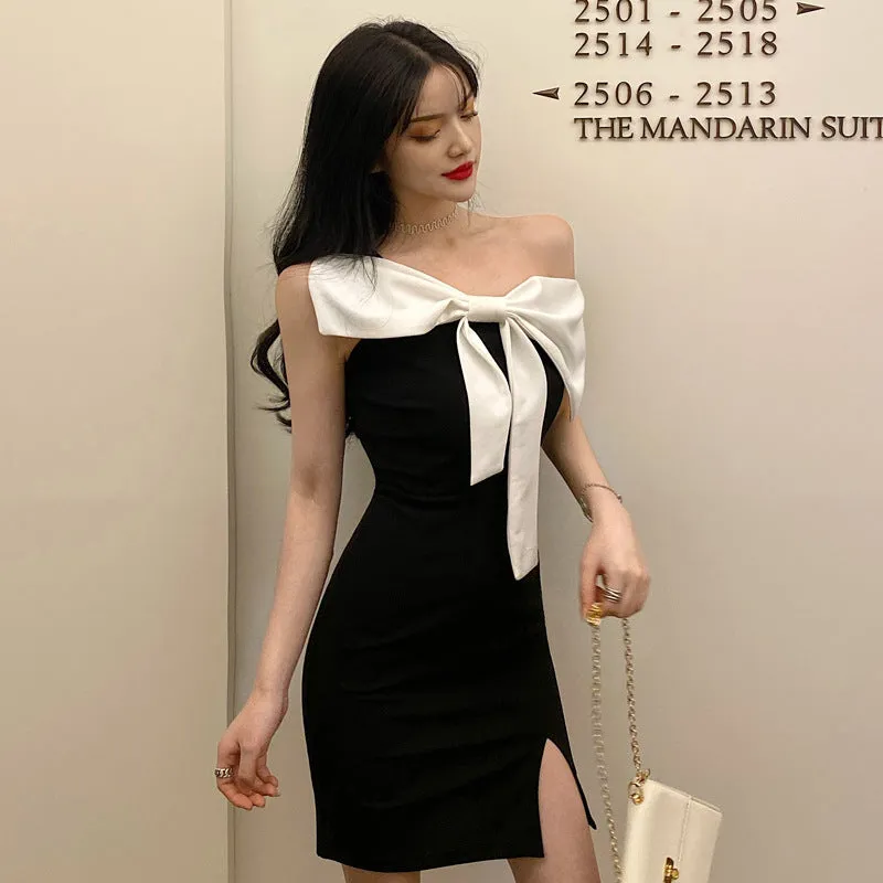 Bow Tie Diagonal Shoulder Slim Split Hip Wrap Dress