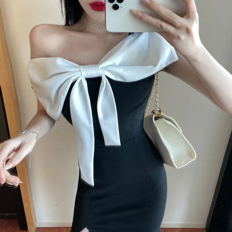 Bow Tie Diagonal Shoulder Slim Split Hip Wrap Dress