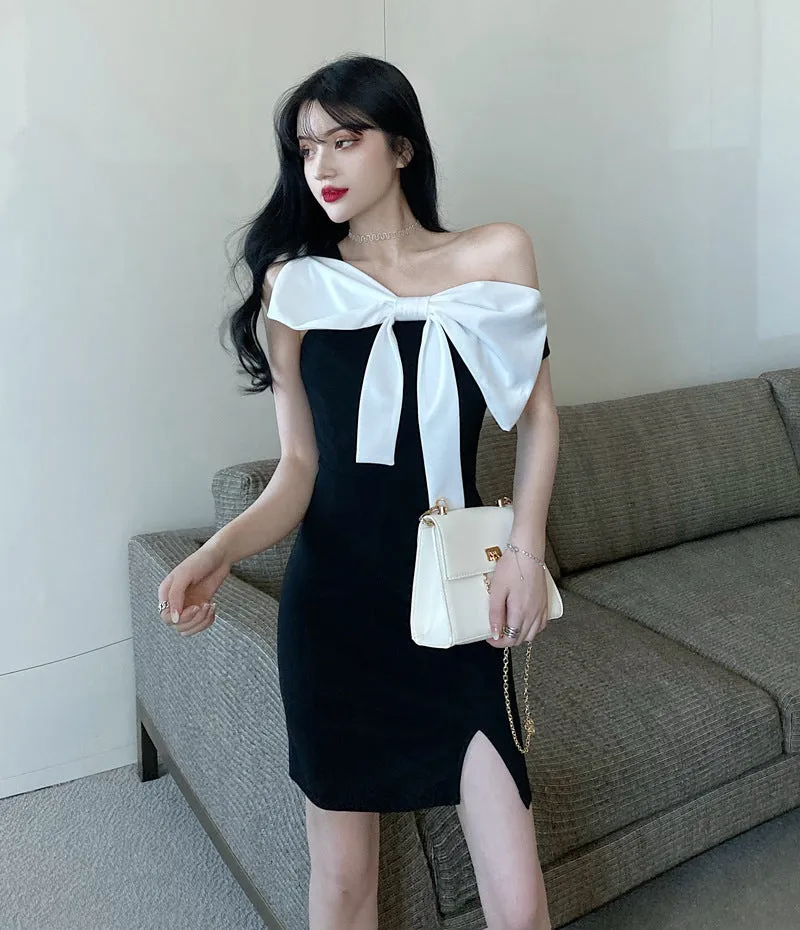 Bow Tie Diagonal Shoulder Slim Split Hip Wrap Dress