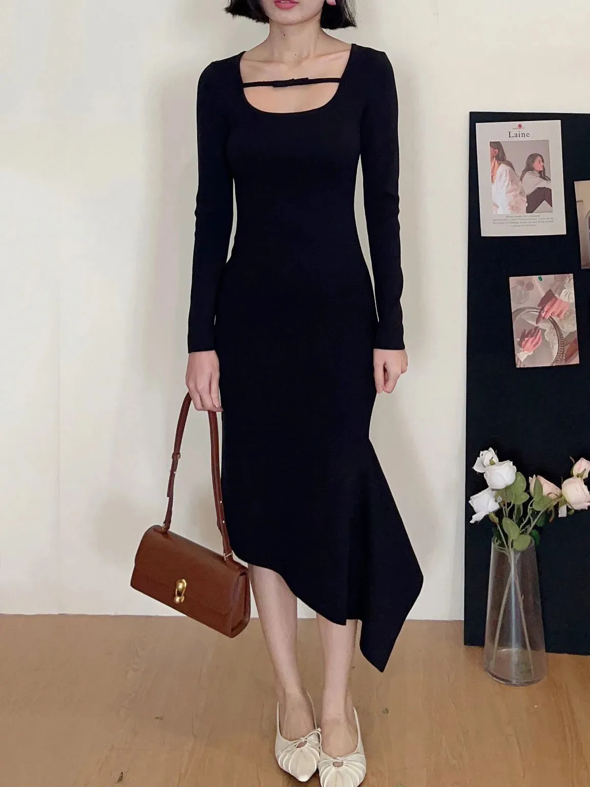 Bowknot Square Neck Knitted Sweatr Dress Gentle High Waist Fishtail Dresses High Level Design Robe Sweet Korean C-258