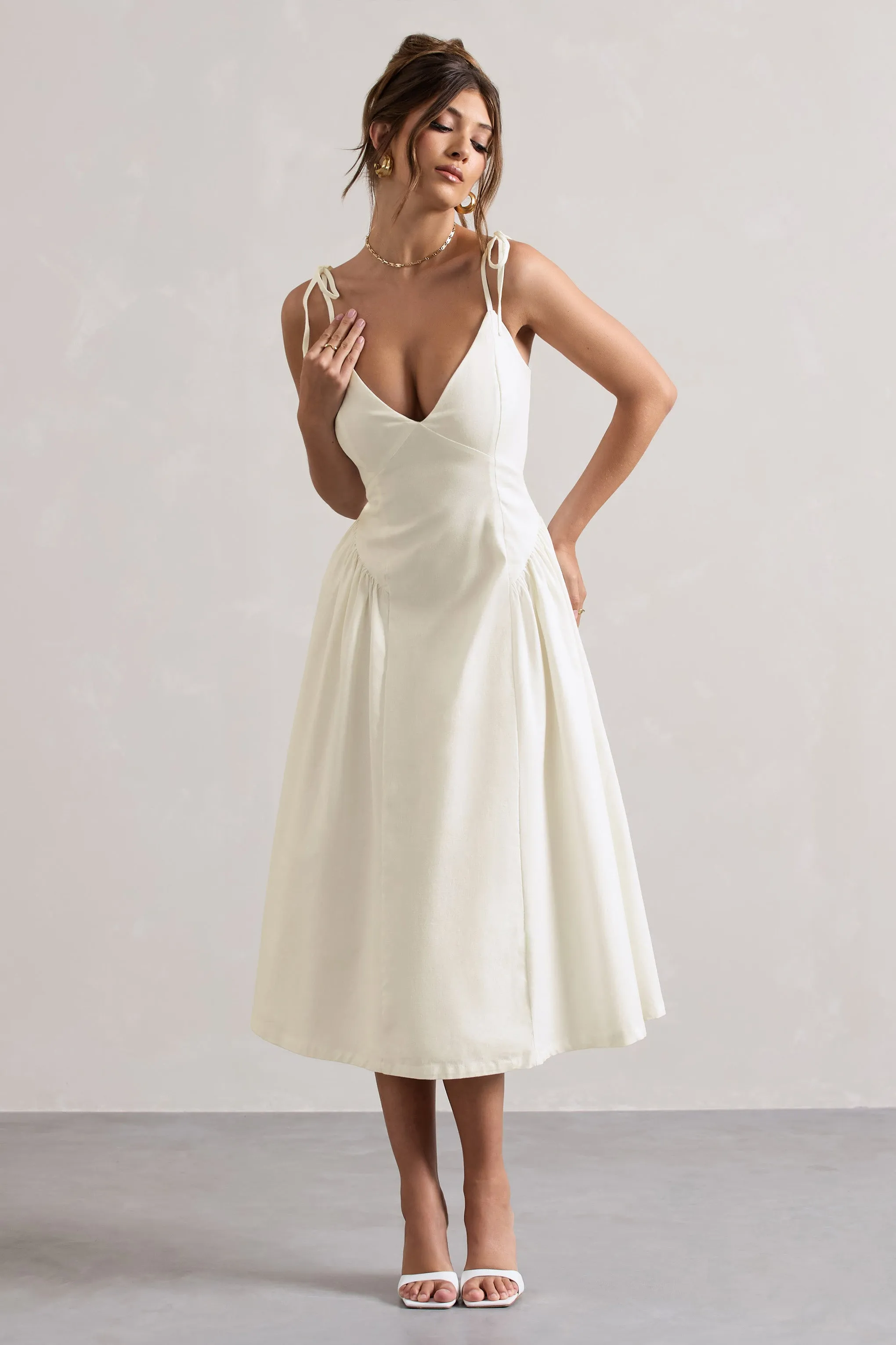 Breathless | Cream Linen Strappy V-Neck Pleated Midi Dress