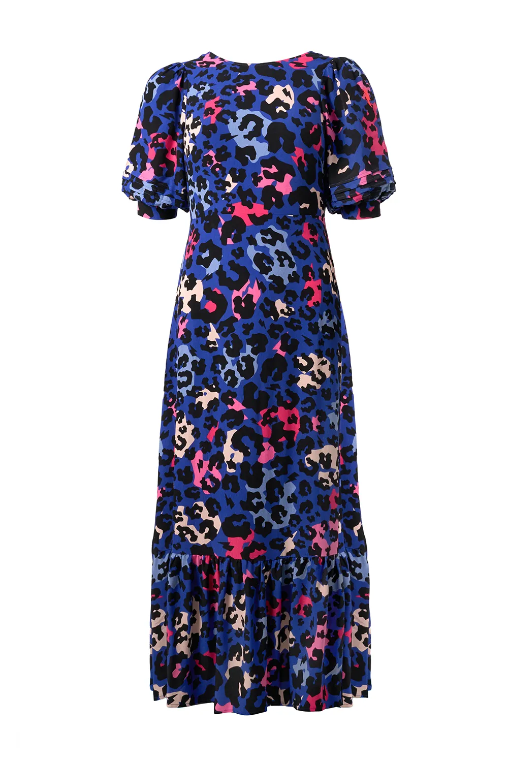 Bright Blue with Pink and Black Mixed Leopard Pintuck Puff Sleeve Midi Dress