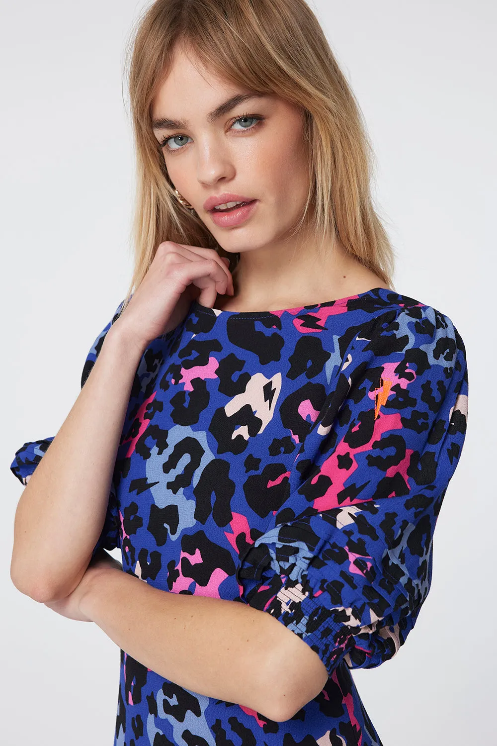 Bright Blue with Pink and Black Mixed Leopard Pintuck Puff Sleeve Midi Dress