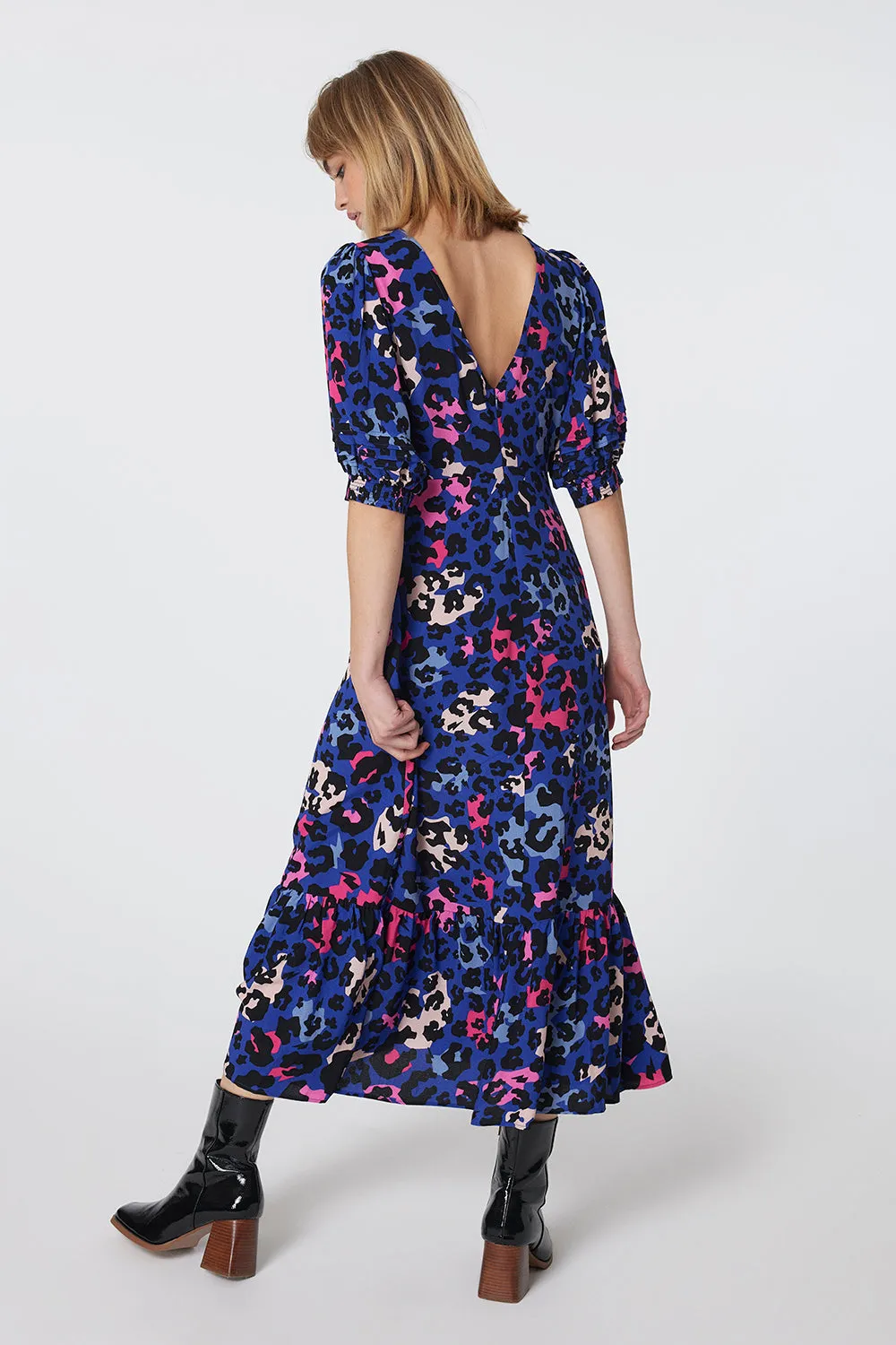 Bright Blue with Pink and Black Mixed Leopard Pintuck Puff Sleeve Midi Dress