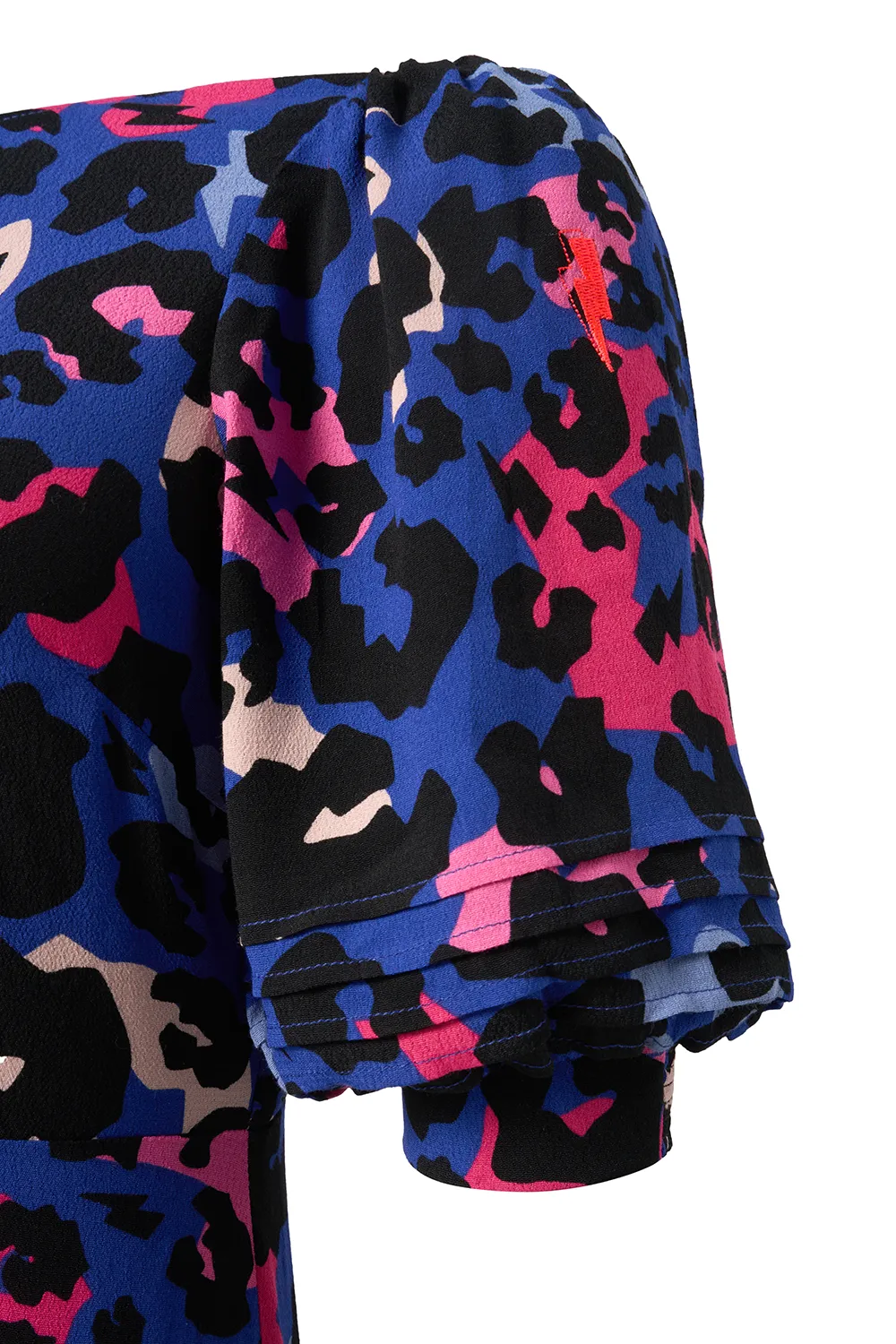 Bright Blue with Pink and Black Mixed Leopard Pintuck Puff Sleeve Midi Dress