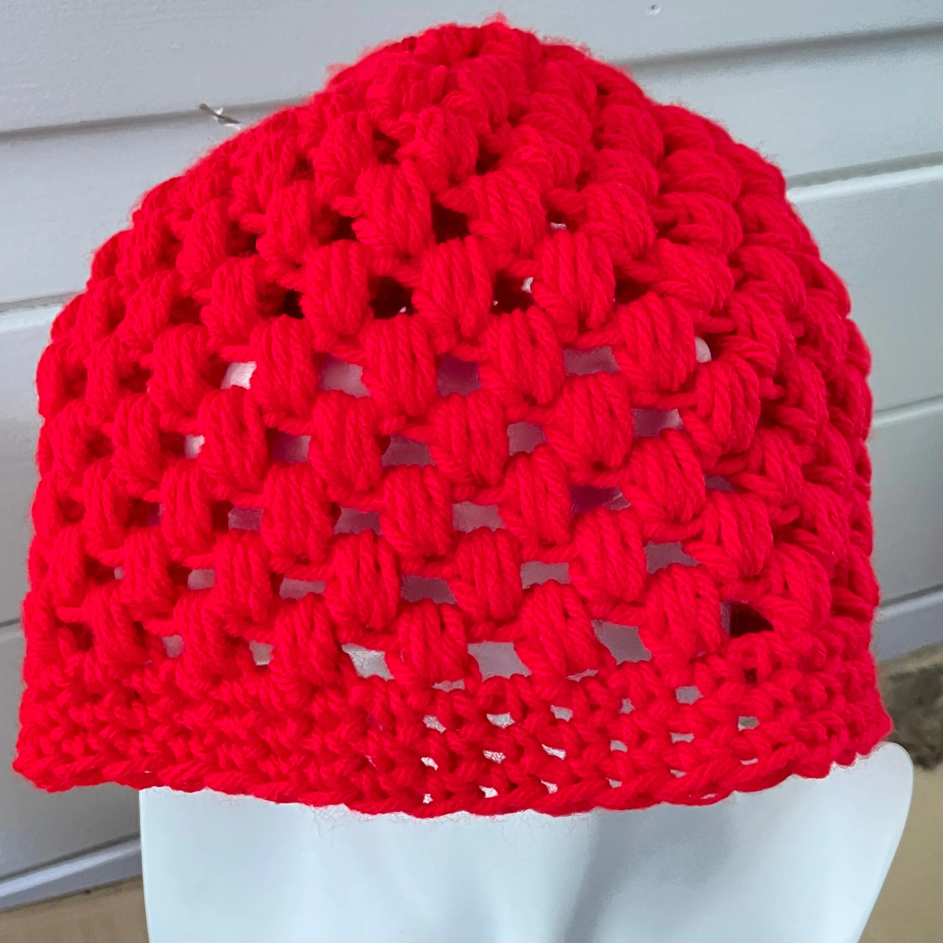 Bright Red Messy Bun Ponytail Hat Open Puffy Stitch Hand Crochet Knit Outdoor Walking Hiking Active Athletes Fall Winter Handmade Women Gift Accessory