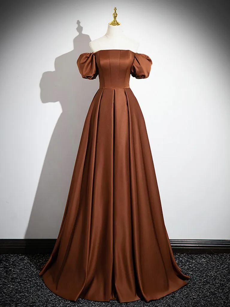 Brown A-Line Satin Long Prom Dress, Brown Long Formal Dress