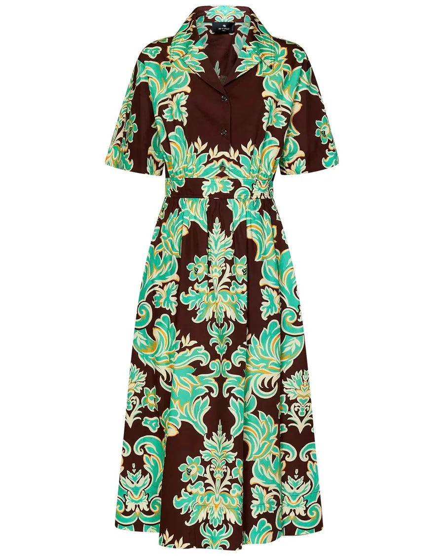 Brown Venus Print Short Sleeve Midi Dress