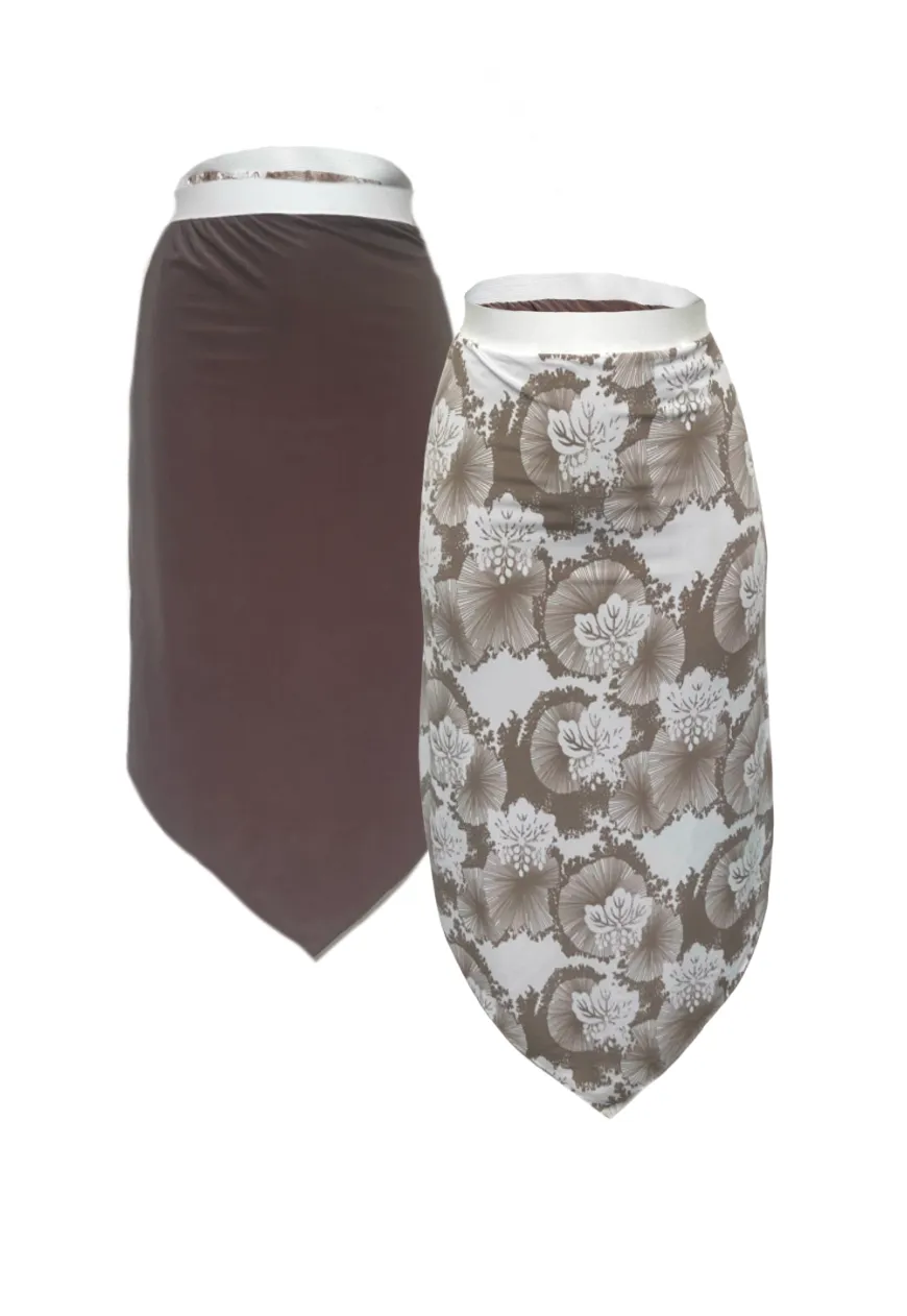 BROWN/FLOWER REVERSIBLE POINTED HEM SKIRT (02)
