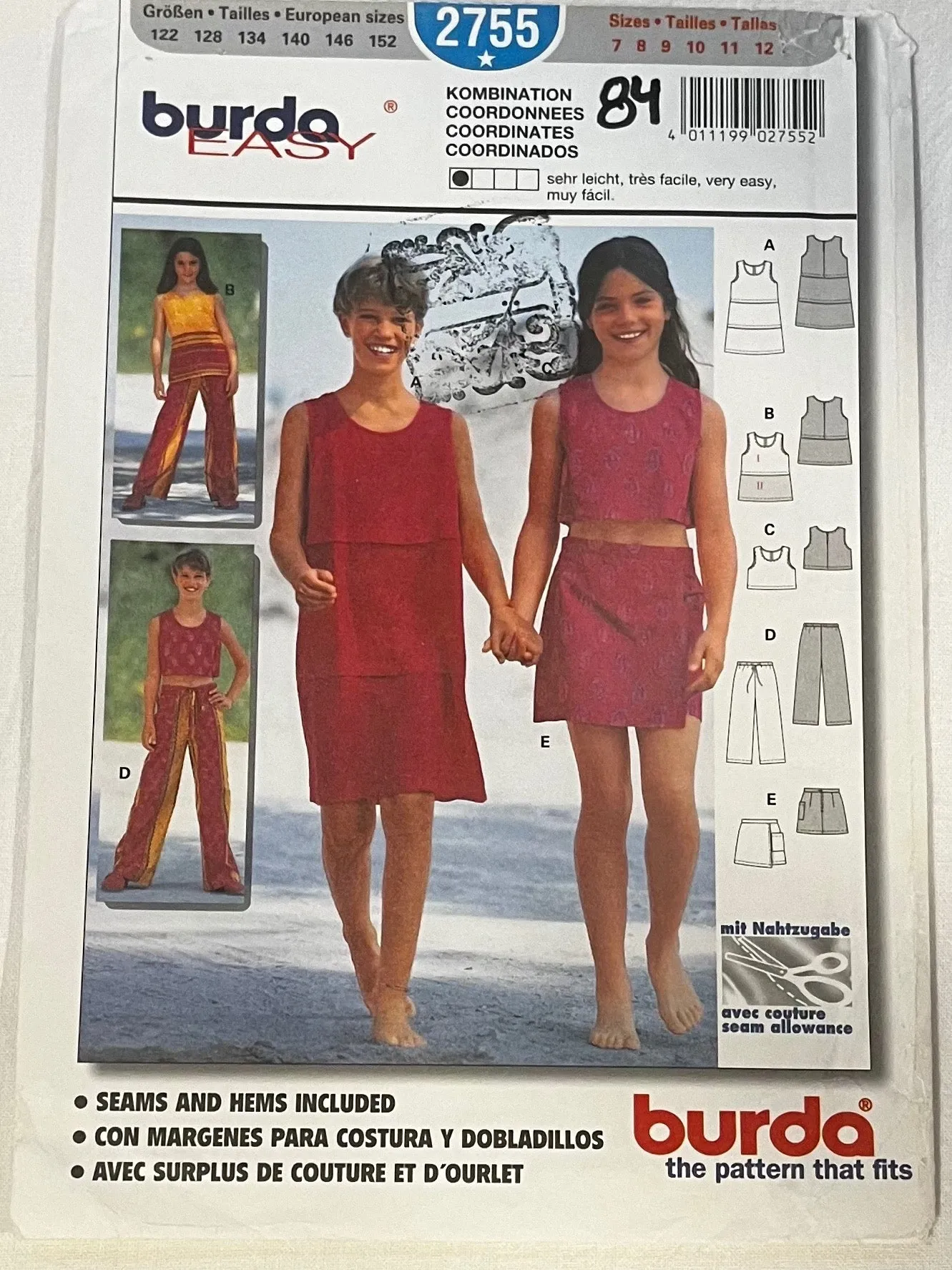 Burda Easy 2755 Sewing Pattern UNCUT Juniors' Dress, Shirt, Pants, Skirt Sizes 7-12